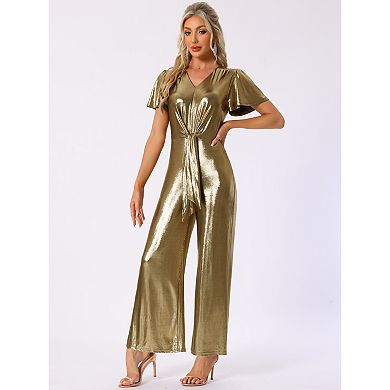 Jumpsuits for Women's V Neck Short Sleeve Self Tie Front Casual Suit Set