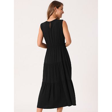 Women's Summer Dresses Sleeveless Crewneck Sundress Tiered Casual Flowy Midi Dress with Pockets