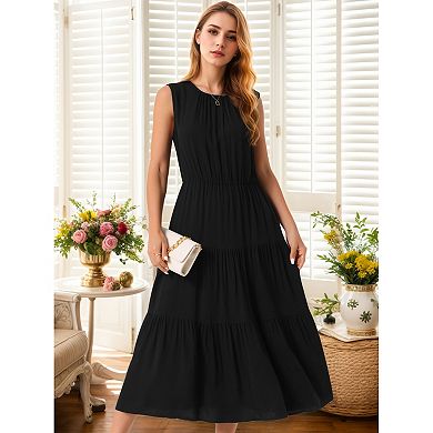 Women's Summer Dresses Sleeveless Crewneck Sundress Tiered Casual Flowy Midi Dress with Pockets
