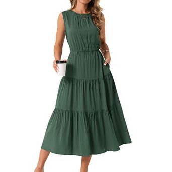 Women's Summer Dresses Sleeveless Crewneck Sundress Tiered Casual Flowy Midi Dress with Pockets