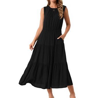 Women's Summer Dresses Sleeveless Crewneck Sundress Tiered Casual Flowy Midi Dress with Pockets