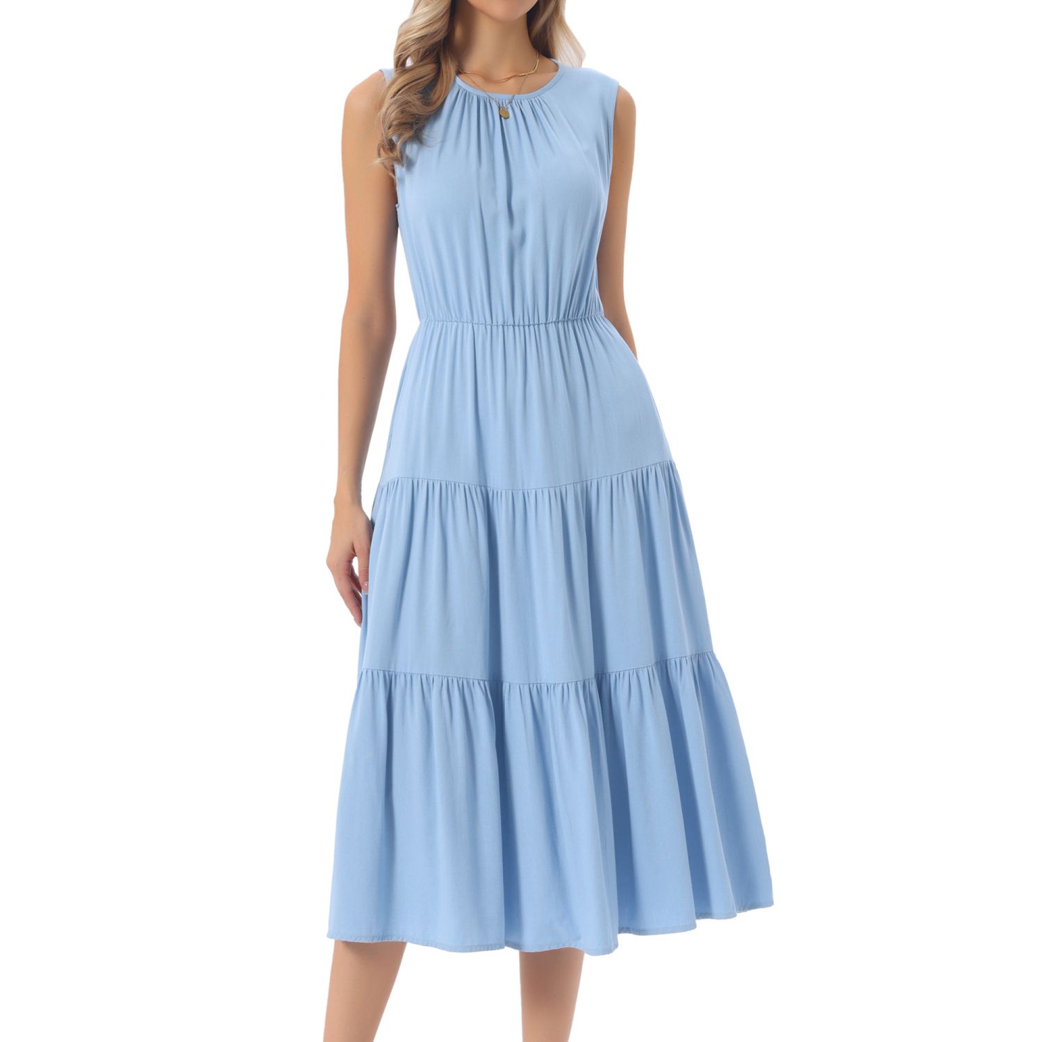 Женские платья Summer Dresses Sleeveless Crewneck Sundress Tiered Casual Flowy Midi Dress with Pockets