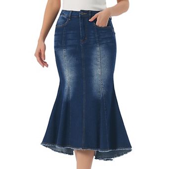 Women's Washed Fishtail Skirt High Waist Jean Denim Raw Hem Fashion Casual Midi Skirt