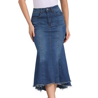 Women's Washed Fishtail Skirt High Waist Jean Denim Raw Hem Fashion Casual Midi Skirt