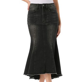 Women's Washed Fishtail Skirt High Waist Jean Denim Raw Hem Fashion Casual Midi Skirt