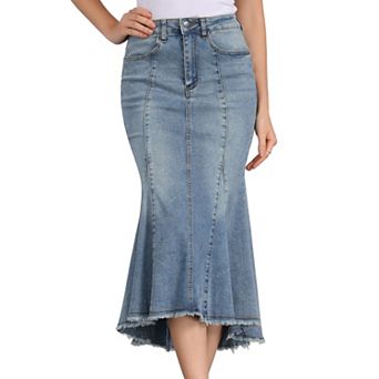Women's Washed Fishtail Skirt High Waist Jean Denim Raw Hem Fashion Casual Midi Skirt