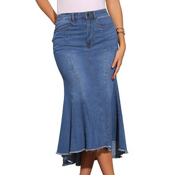 Women's Washed Fishtail Skirt High Waist Jean Denim Raw Hem Fashion Casual Midi Skirt