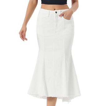 Women's Washed Fishtail Skirt High Waist Jean Denim Raw Hem Fashion Casual Midi Skirt