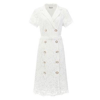 Women's Short Sleeve Lace Dress Lapel Collar Double Breasted Wedding Cocktail Belted A-Line Dresses