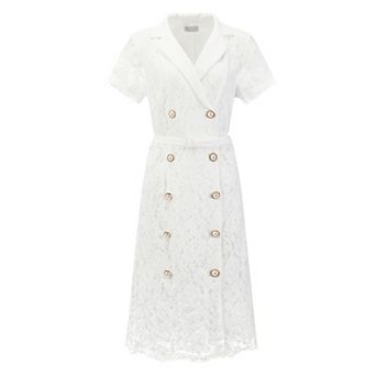 Women's Short Sleeve Lace Dress Lapel Collar Double Breasted Wedding Cocktail Belted A-Line Dresses
