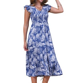 Summer Printed Dress for Women's V Neck Elastic Waist Ruffle Cap Sleeveless A-Line Midi Dresses