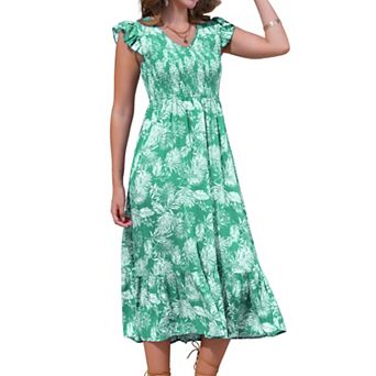 Summer Printed Dress for Women's V Neck Elastic Waist Ruffle Cap Sleeveless A-Line Midi Dresses
