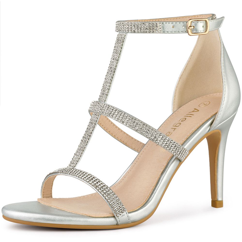 Stiletto Heel Sandals with Spiral Rhinestone Straps - Silver