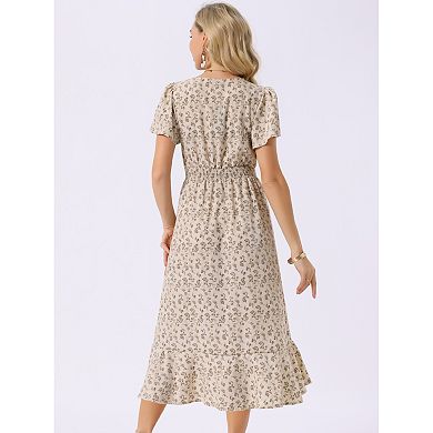 Women's Summer Dresses Flutter Short Sleeve Wrap Ruffle High Low Hem V Neck Floral Midi Dress