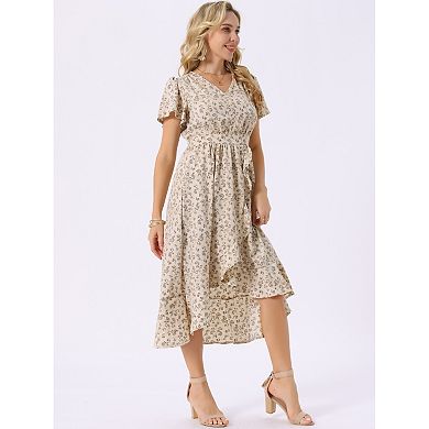 Women's Summer Dresses Flutter Short Sleeve Wrap Ruffle High Low Hem V Neck Floral Midi Dress