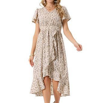 Women's Summer Dresses Flutter Short Sleeve Wrap Ruffle High Low Hem V Neck Floral Midi Dress