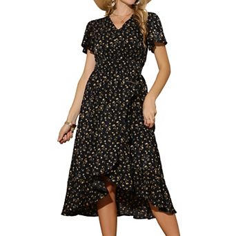 Women's Summer Dresses Flutter Short Sleeve Wrap Ruffle High Low Hem V Neck Floral Midi Dress