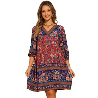Dress for Women's V Neck Floral Print Loose Casual Midi Dress