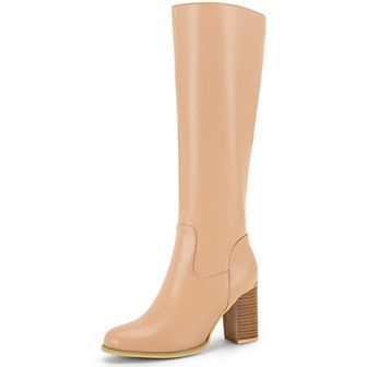 Women's Round Toe Block Heeled Knee High Boots