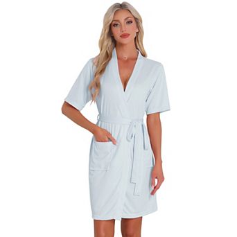 Women's Robe Soft V Neck Short Sleeve Cozy Bath Robe with Pocket Lightweight Loungewear