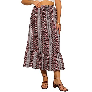Summer Boho Skirt for Women's Elastic High Waist A-Line Spring Printed Midi Skirt