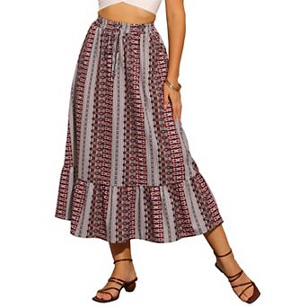 Summer Boho Skirt for Women's Elastic High Waist A-Line Spring Printed Midi Skirt