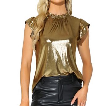 Women's Metallic Top Cap Sleeve Ruffled Neck Holographic Shiny Tee Sparkle Party Club Blouse Shirt