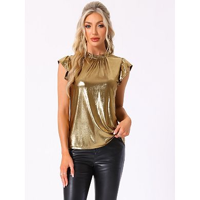 Women's Metallic Top Cap Sleeve Ruffled Neck Holographic Shiny Tee ...