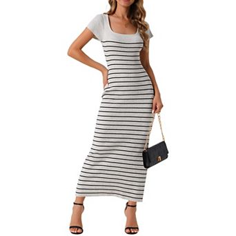 Women's Stripe Dresses Short Sleeve Ribbed Knit Dresses Square Neck Sweater Dress