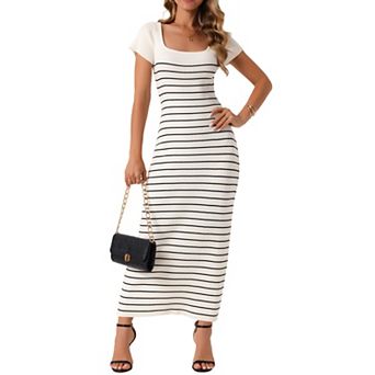 Women's Stripe Dresses Short Sleeve Ribbed Knit Dresses Square Neck Sweater Dress