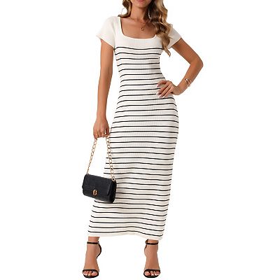 Women's Stripe Dresses Short Sleeve Ribbed Knit Dresses Square