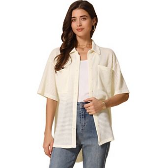 Summer Casual Tunic Shacket Shirt for Women's Waffle Knit Half Sleeve Button Down Shirts Top