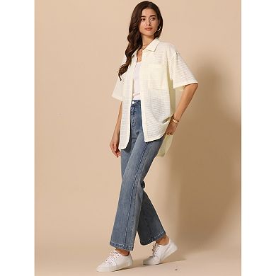 Summer Casual Tunic Shacket Shirt for Women's Waffle Knit Half Sleeve Button Down Shirts Top