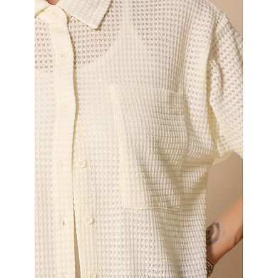Summer Casual Tunic Shacket Shirt for Women's Waffle Knit Half Sleeve Button Down Shirts Top
