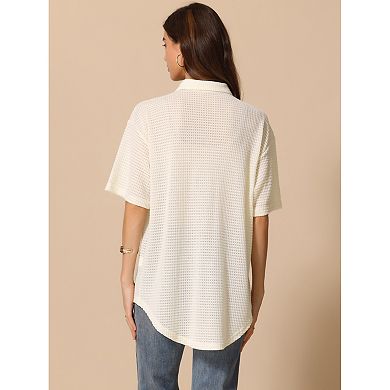 Summer Casual Tunic Shacket Shirt for Women's Waffle Knit Half Sleeve Button Down Shirts Top