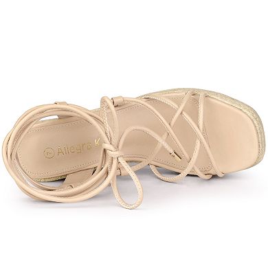Women's Platform Square Toe Lace Up Espadrilles Heels Wedge Sandals