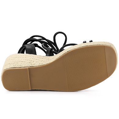 Women's Platform Square Toe Lace Up Espadrilles Heels Wedge Sandals