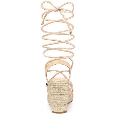 Women's Platform Square Toe Lace Up Espadrilles Heels Wedge Sandals