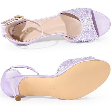 Women's Rhinestone Satin Ankle Strap Kitten Heels Sandals