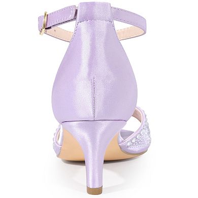 Women's Rhinestone Satin Ankle Strap Kitten Heels Sandals