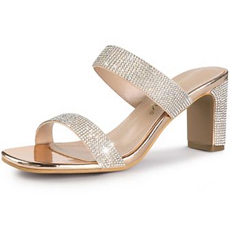 Women's Rhinestone Chunky Heel Slides Sandals