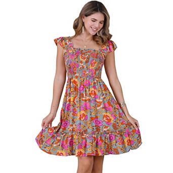 Summer Smocked Dress for Women's Square Neck Ruffle Floral Dresses