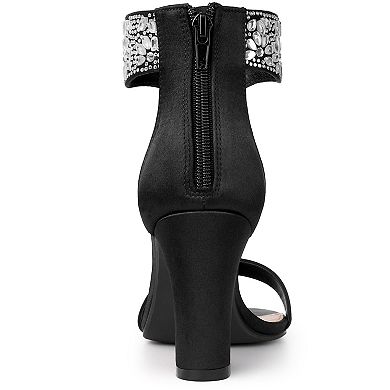 Women's Rhinestone Open Toe Ankle Strap Diamond Heels Chunky Sparkly Heels Dress Sandals