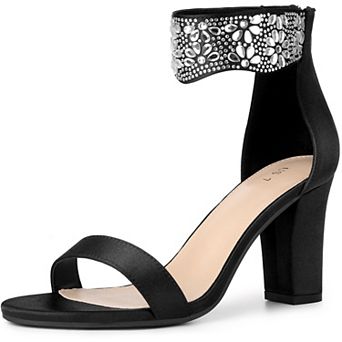 Women's Rhinestone Open Toe Ankle Strap Diamond Heels Chunky Sparkly Heels Dress Sandals