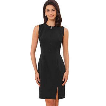 Sleeveless Work Dresses for Women's Crew Neck Slit Teacher Office Mini Dress