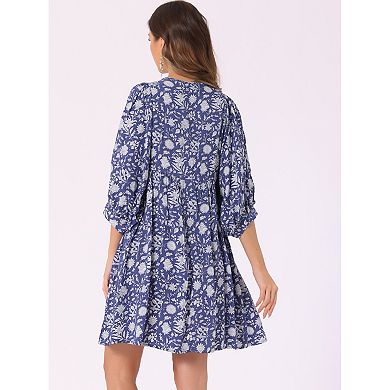 Women's Floral V Neck 3/4 Sleeve Casual Mini Flare Dress