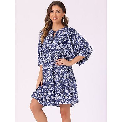 Women's Floral V Neck 3/4 Sleeve Casual Mini Flare Dress