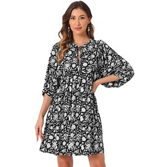 Women's Floral V Neck 3/4 Sleeve Casual Mini Flare Dress