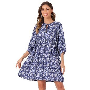 Women's Floral V Neck 3/4 Sleeve Casual Mini Flare Dress