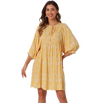 Women's Floral V Neck 3/4 Sleeve Casual Mini Flare Dress